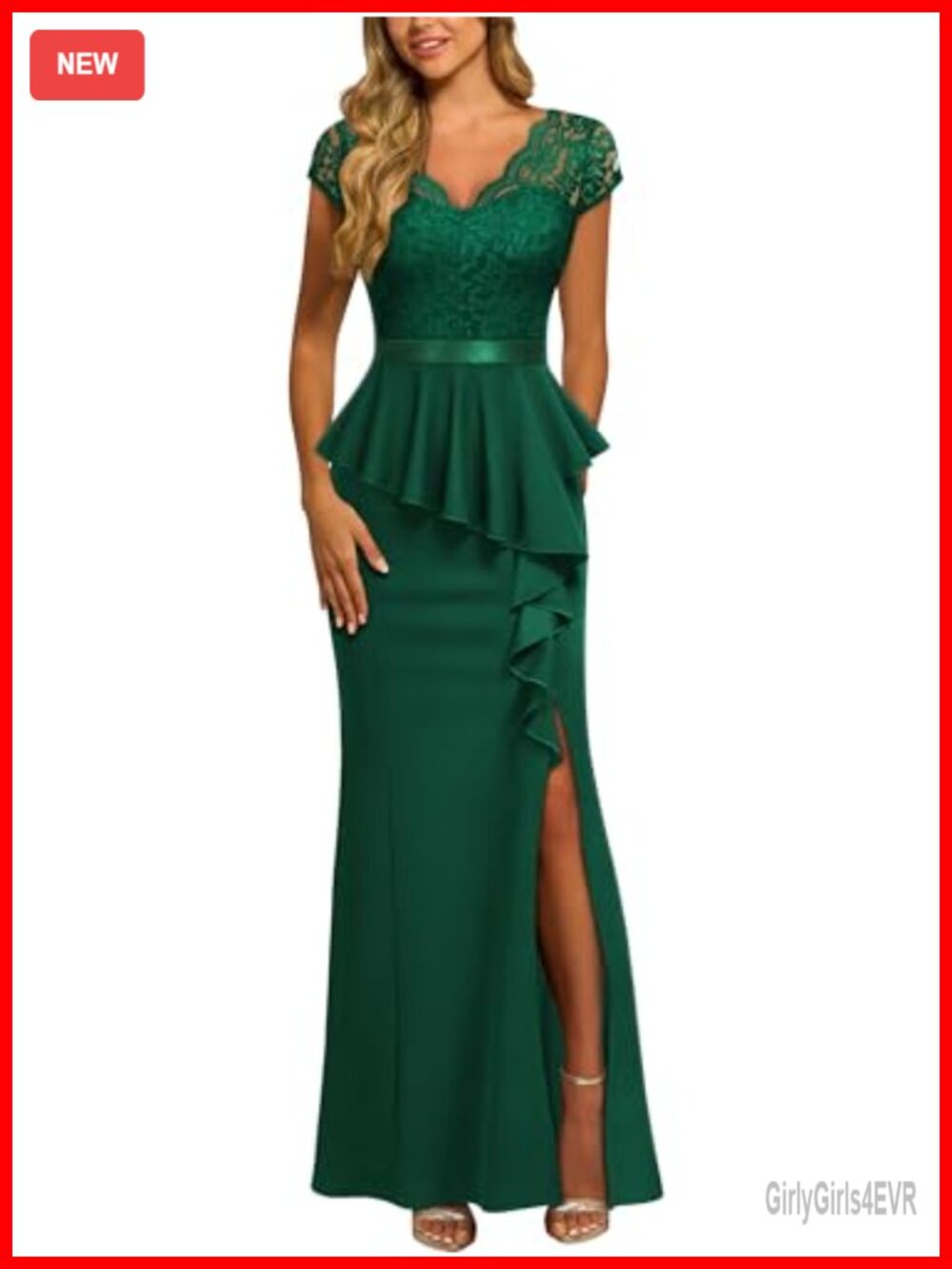 Elegant Floral Lace Ruffle Split Cocktail Party Long Dress